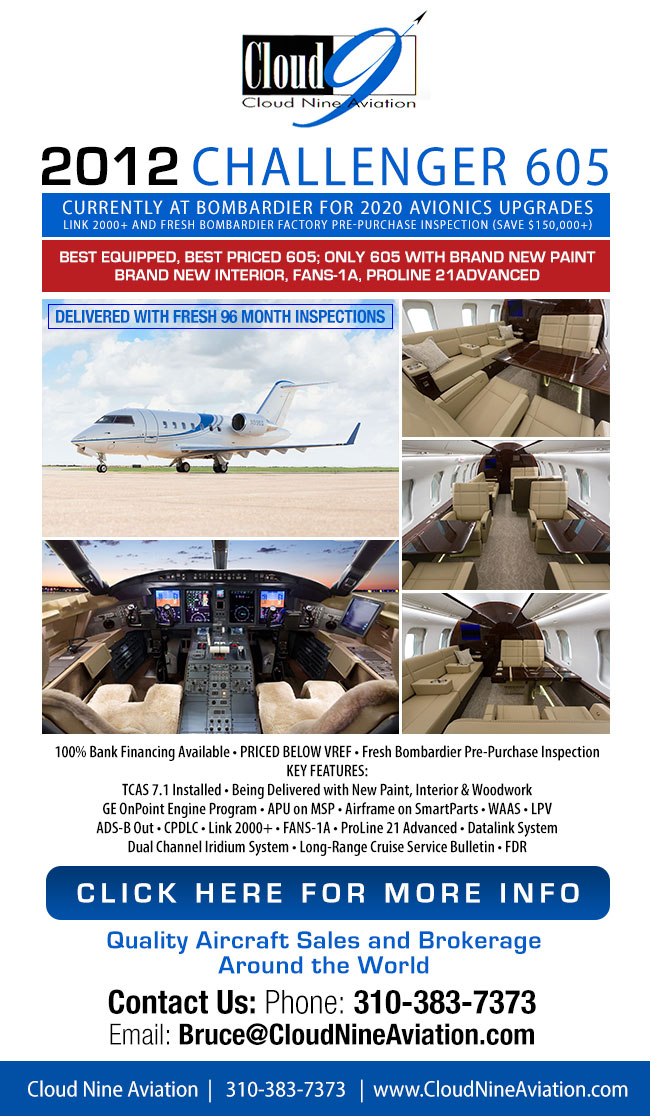 Cloud Nine Aviation | 2012 Challenger 605 for Sale